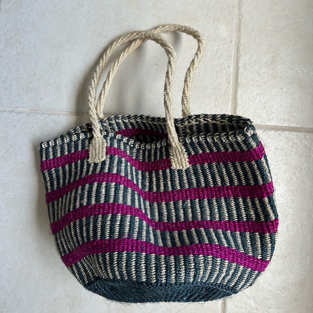 Striped Woven Tote Bag - Pink and Navy